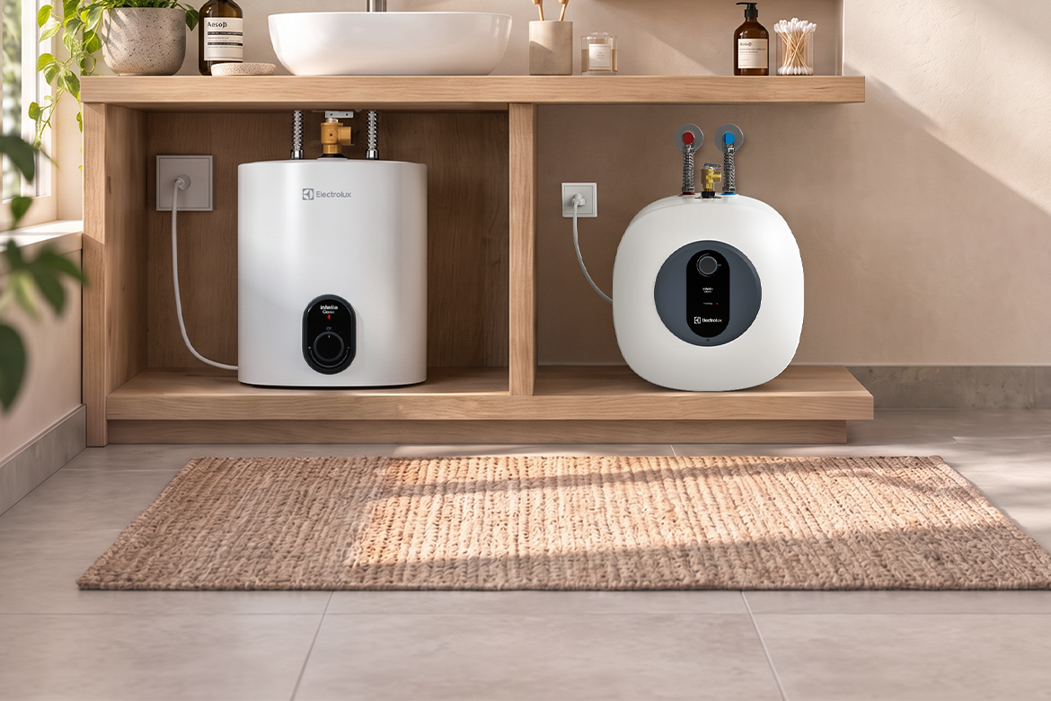 Electrolux storage water heater in a compact point-of-use setting