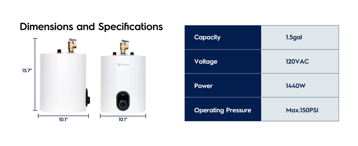Electrolux Infinite Classic 1.5gal Electric Storage Water Heater specifications detail 1