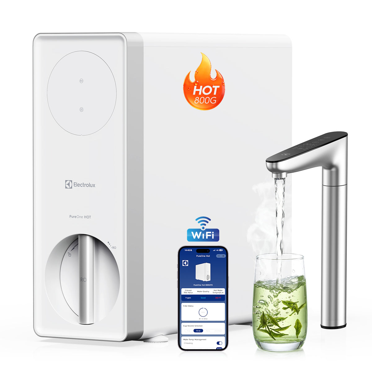 Electrolux smart WiFi water filter dispensing instant hot water for coffee